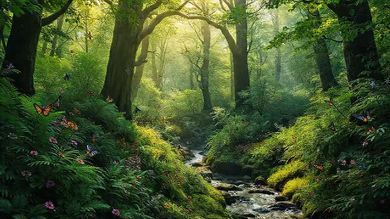 Bosque exuberante y mágico, lleno de vida