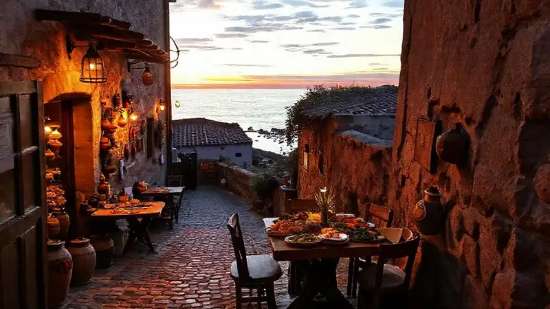 Una taberna gallega acogedora al atardecer