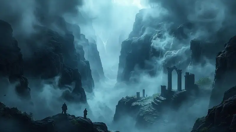 Cañón místico, luz etérea, misterio ancestral