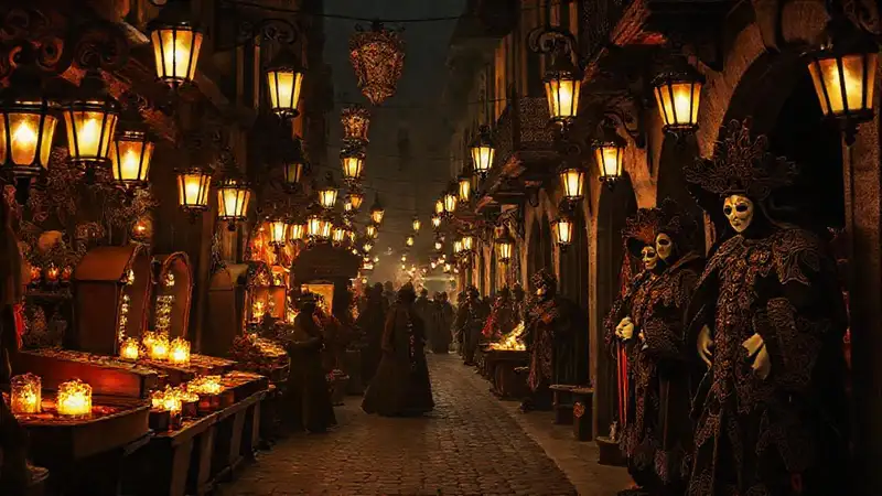 Mercado español antiguo, misterio y sombras