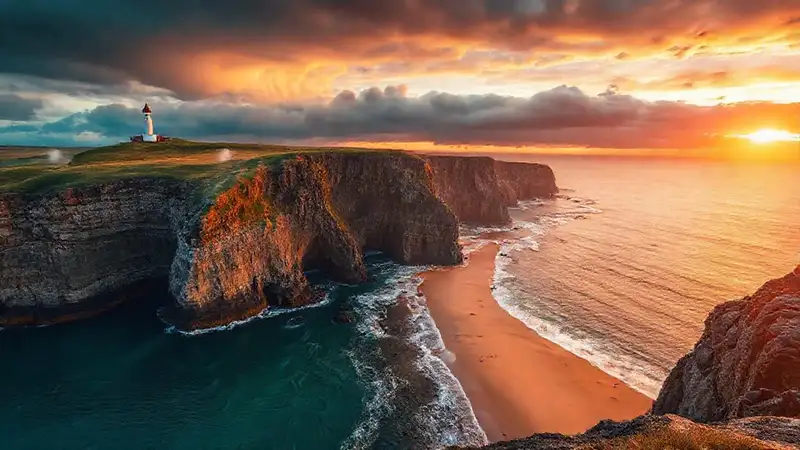 Costa dramática, puesta de sol vibrante y salvaje