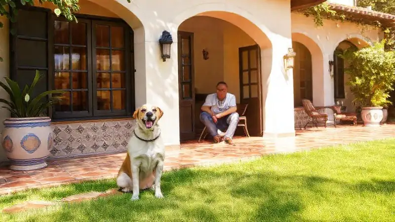 Perro feliz, dueño relajado, spa soleado
