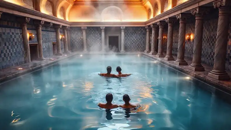 Un par se relaja en un baño romano sereno
