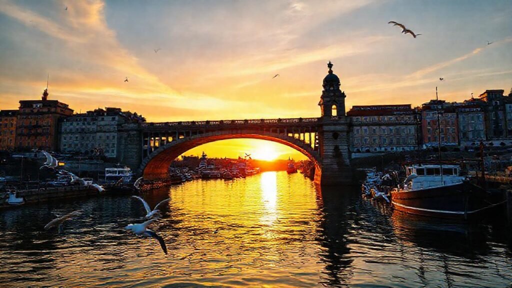 Puente histórico gallego brilla al atardecer