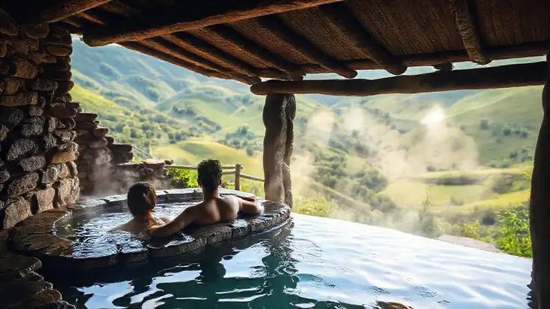Pareja relajada en baño de piedra
