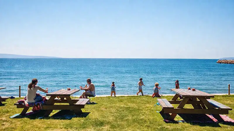 Familiares felices disfrutan un picnic playero