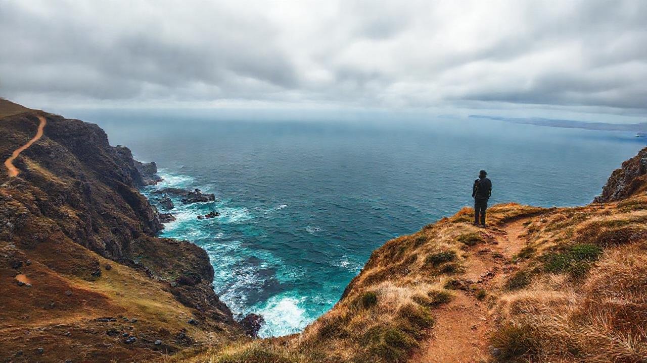 Un senderista observa un paisaje costero dramático