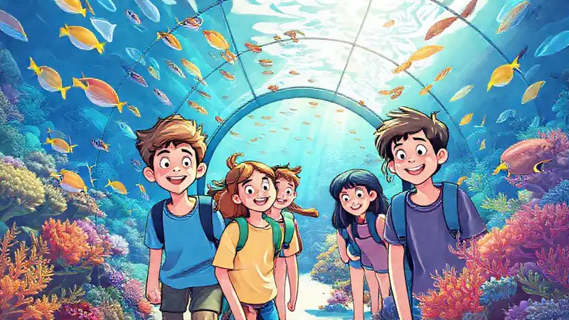 Adolescentes exploran un acuario colorido y brillante